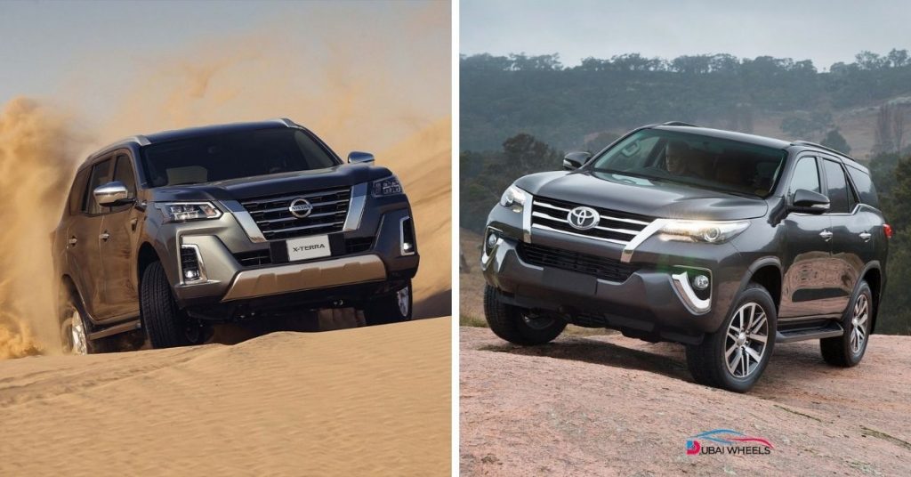 2025 Nissan Xterra UAE next to Toyota Fortuner showing off-road SUV comparison and cabin comfort