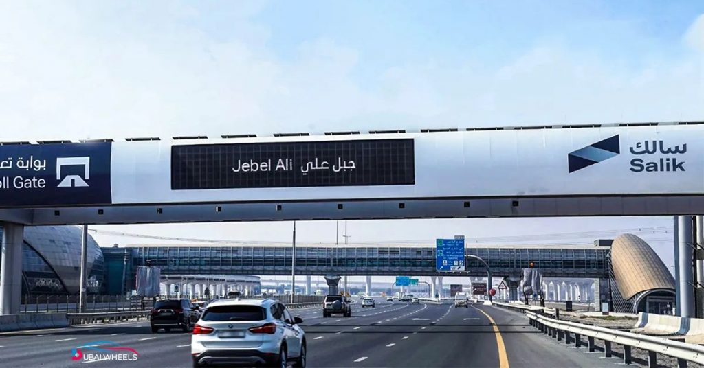 Updated Salik Balance Check UAE toll gates 2025 showing Al Barsha, Al Safa, Airport Tunnel, Al Mamzar, and Jebel Ali.