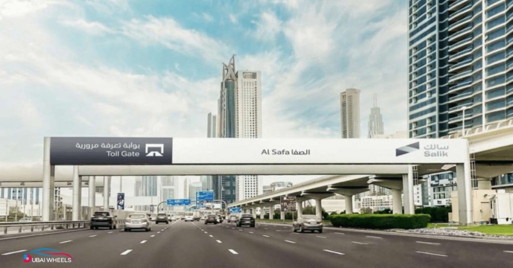 Salik toll gate in Dubai showing a car passing through with a working Salik tag for hassle-free payment and smooth travel.