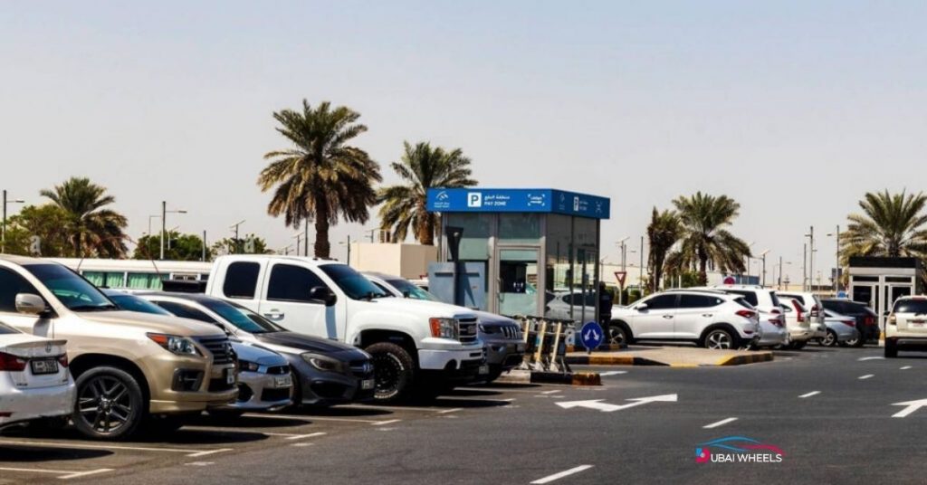 Map of Sharjah highlighting areas with 7-day paid parking system 2025: Al Majaz, Al Nahda, Al Qasimia, Al Taawun, and University zones