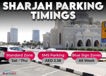 "Sharjah parking timing 2025 guide showing paid parking zones, blue and white curbs, and SMS 5566 payment