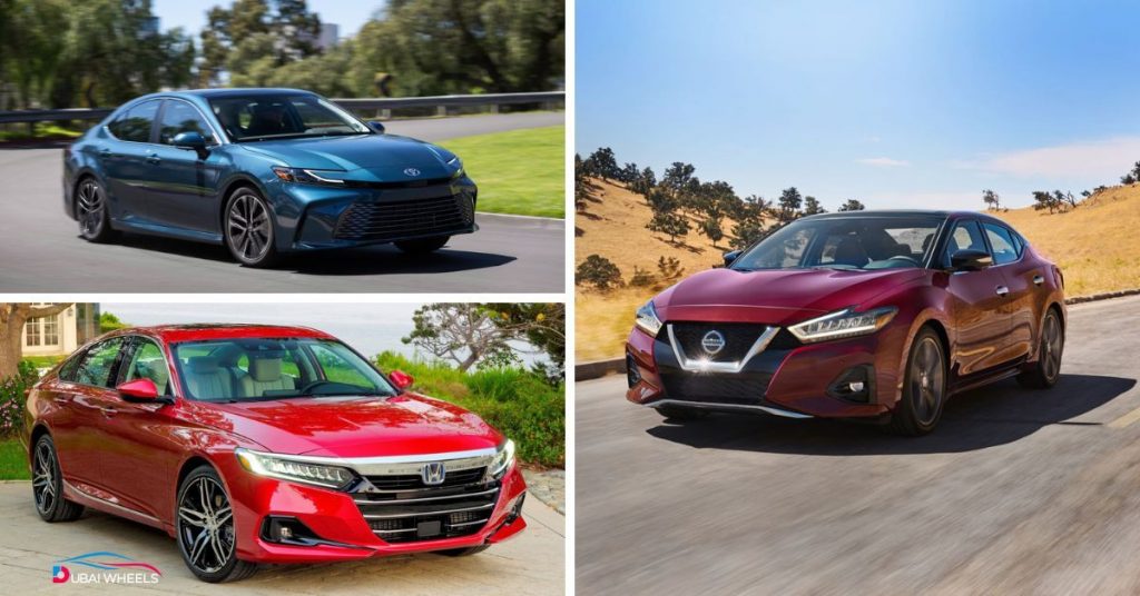 Top cars for UAE highways including Toyota Camry, Nissan Maxima, and Honda Accord driving on Sheikh Zayed Road with comfort and stability