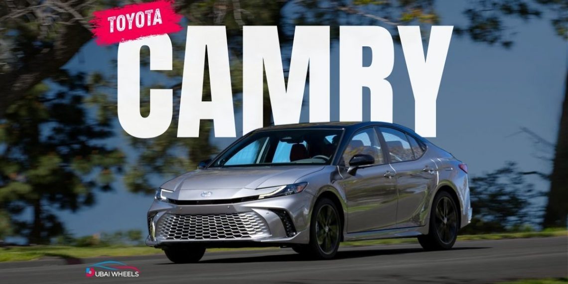 2025 Toyota Camry in UAE showing front and side view with sleek LED headlights, sporty exterior, and comfortable interior features.