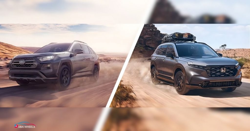 Toyota RAV4 vs Honda CR-V UAE design comparison showing RAV4’s rugged sporty look and CR-V’s elegant urban style.