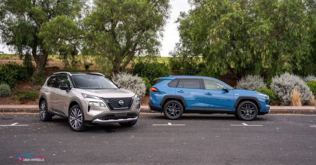 Toyota RAV4 vs Nissan X-Trail UAE showing sporty vs family-friendly design and road presence
