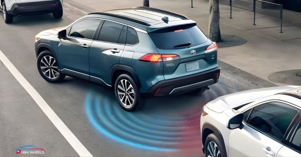 Toyota 2025 safety and technology features in UAE including adaptive cruise control, lane-keeping assist, blind-spot monitoring, and multiple airbags
