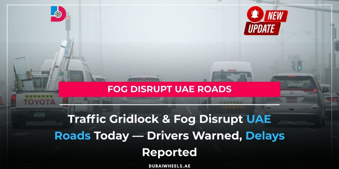 Dense fog causing heavy traffic delays on Sharjah–Dubai route in UAE with reduced visibility