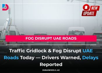 Dense fog causing heavy traffic delays on Sharjah–Dubai route in UAE with reduced visibility