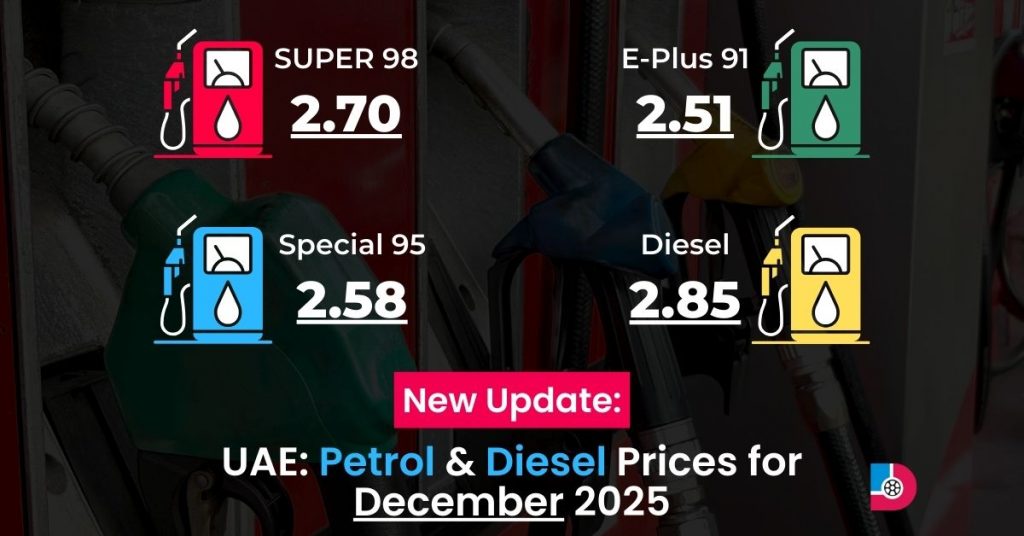 UAE petrol and diesel prices for December 2025 showing Super 98, Special 95, E-Plus 91 petrol, and Diesel rates per litre