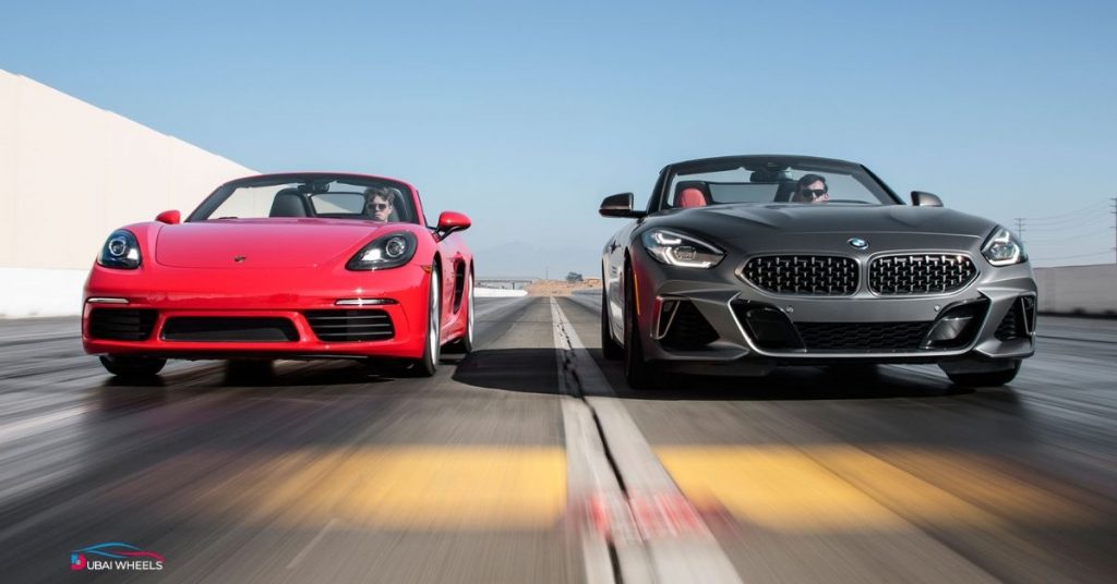 BMW Z4 vs Porsche 718 Boxster performance comparison in UAE showing 0-100 km/h acceleration and power