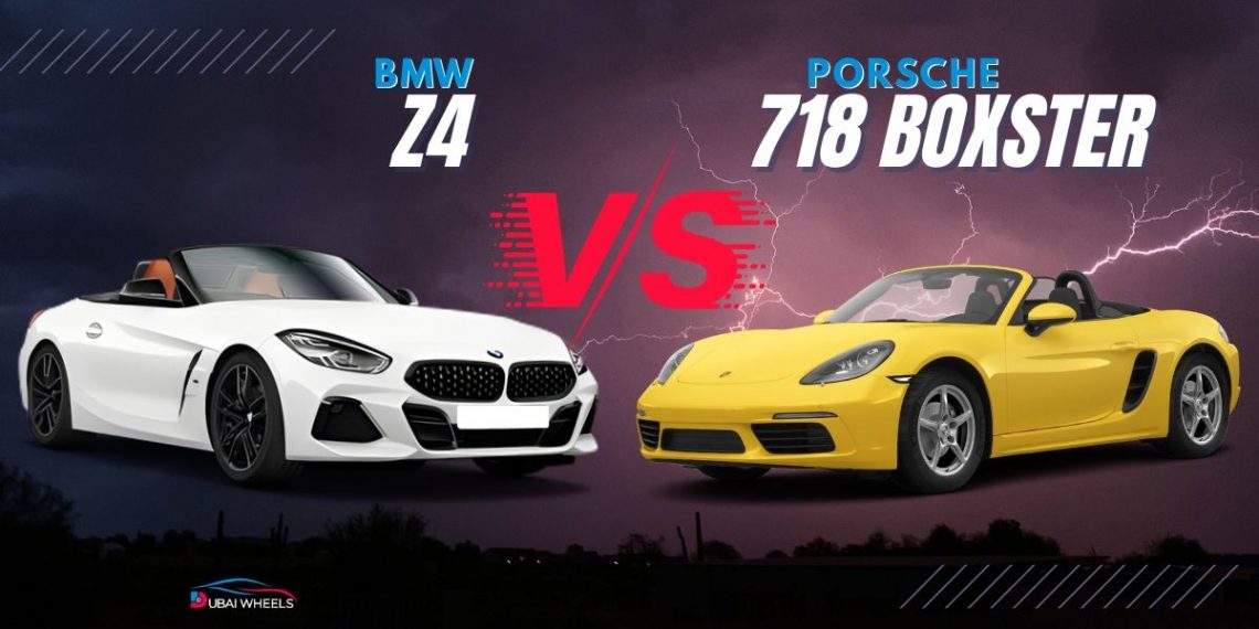 BMW Z4 vs Porsche 718 Boxster UAE comparison showing two luxury convertible sports cars on Dubai roads