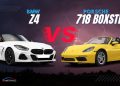 BMW Z4 vs Porsche 718 Boxster UAE comparison showing two luxury convertible sports cars on Dubai roads