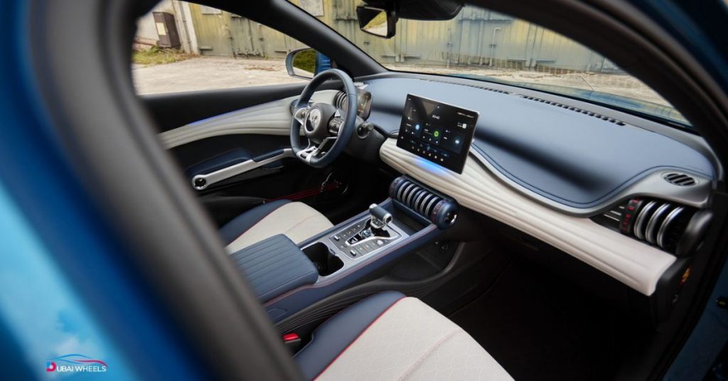 BYD Atto 3 interior UAE showing modern infotainment system, panoramic sunroof, and spacious seating for families