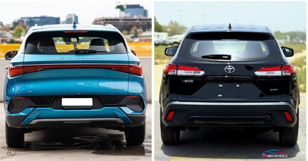 BYD Atto 3 vs Toyota Corolla Cross rear view comparison in UAE compact SUVs