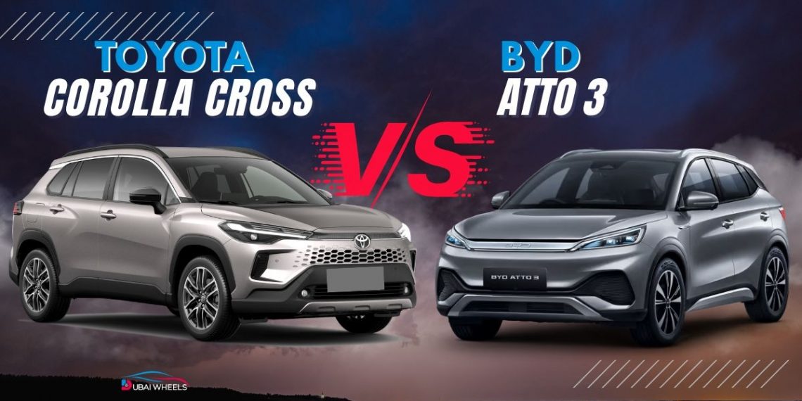 BYD Atto 3 electric SUV vs Toyota Corolla Cross hybrid SUV comparison in UAE