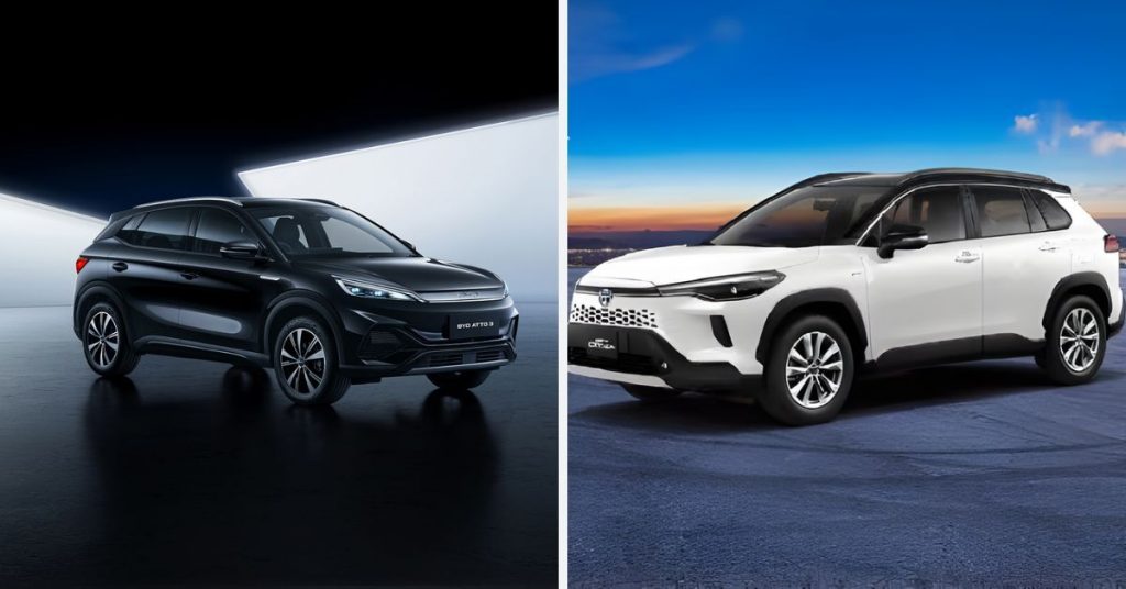 BYD Atto 3 vs Toyota Corolla Cross comparison highlighting UAE compact SUV market trends and electric vs hybrid shift