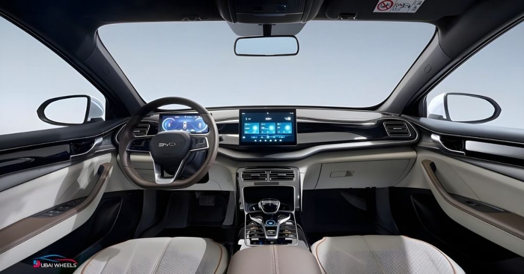 BYD Qin Plus interior showing modern cabin design, comfort, and technology for UAE drivers