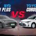BYD Qin Plus vs Toyota Corolla UAE comparison showing hybrid and petrol sedan features for Dubai and Abu Dhabi drivers
