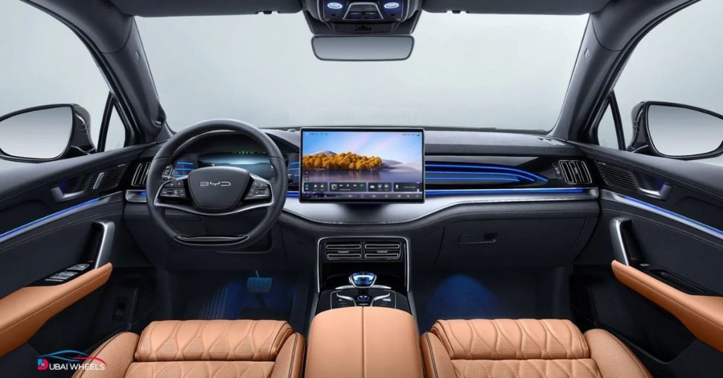 BYD Tang interior UAE showing spacious 7-seater cabin with modern infotainment and family-friendly electric SUV design