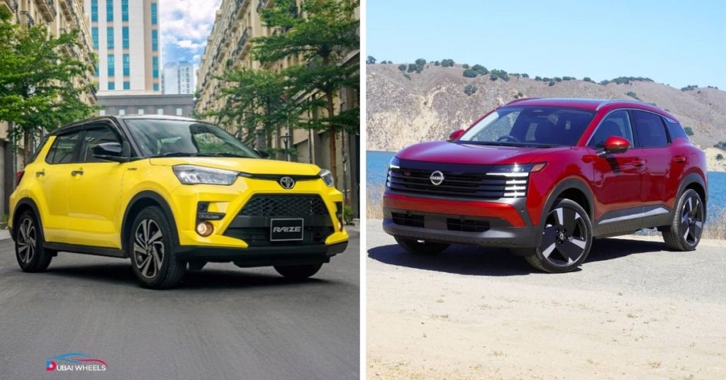 Compact SUV comparison UAE 2026 featuring Nissan Kicks vs Toyota Raize for city driving
