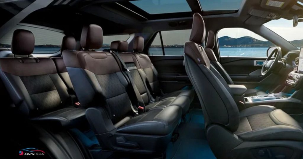 Ford Explorer interior in the UAE showing spacious 7-seater cabin and premium features