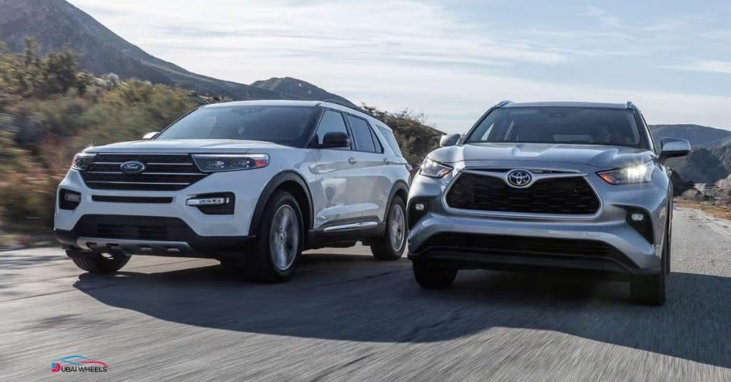 Ford Explorer vs Toyota Highlander UAE comparison showing American muscle vs Japanese efficiency