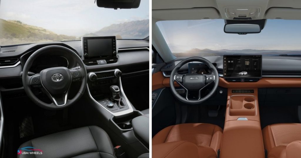 Haval H6 vs Toyota RAV4 UAE interior comparison showing premium cabin design, digital displays, soft-touch materials, and family-friendly space