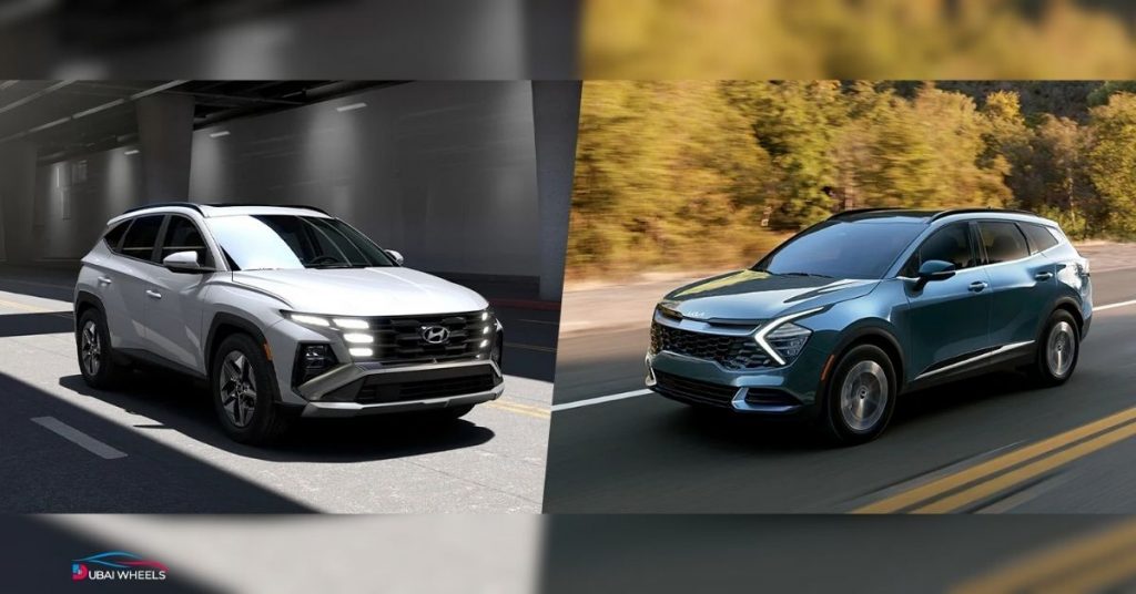 Hyundai Tucson vs Kia Sportage UAE fuel economy comparison showing km per liter, city and highway mileage, and efficiency for UAE drivers