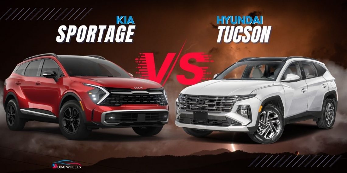 Hyundai Tucson vs Kia Sportage UAE comparison showing exterior design, features, and performance