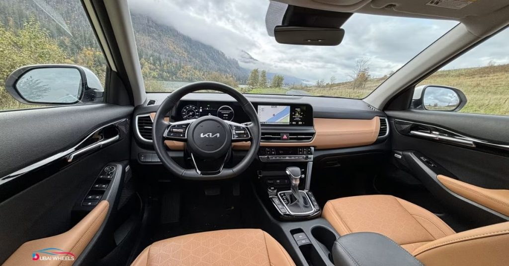 Kia Seltos UAE interior showing cabin design, touchscreen infotainment, comfortable seats, and modern dashboard features
