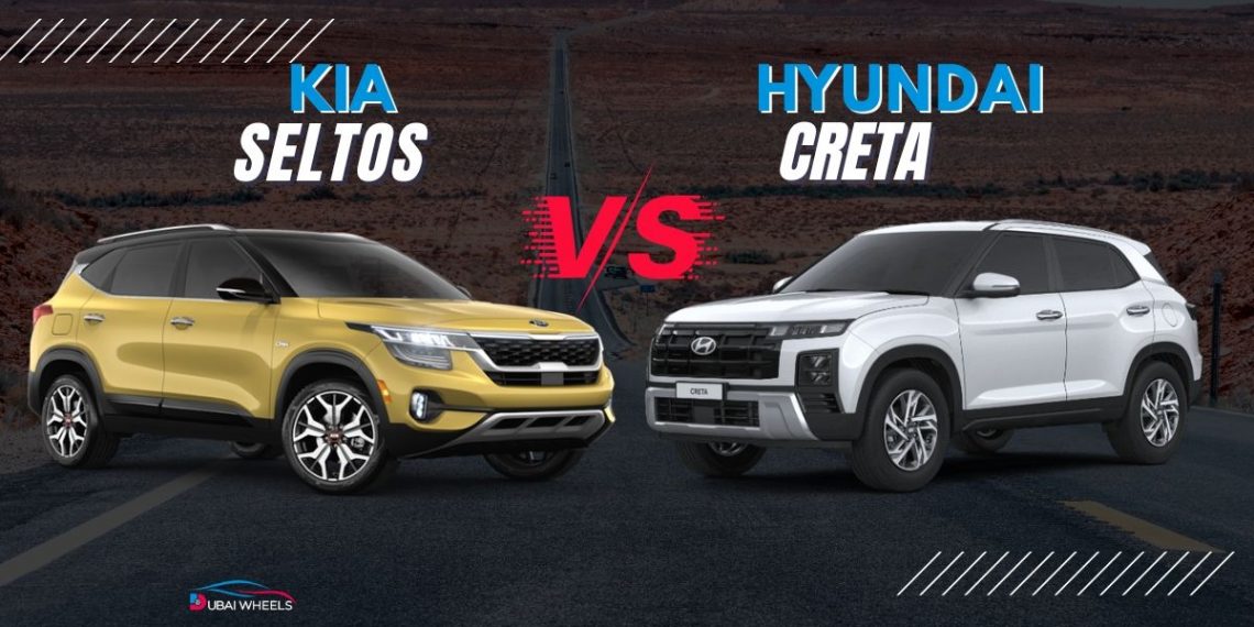 Kia Seltos vs Hyundai Creta UAE comparison showing design, features, and performance of both compact SUVs for 2026
