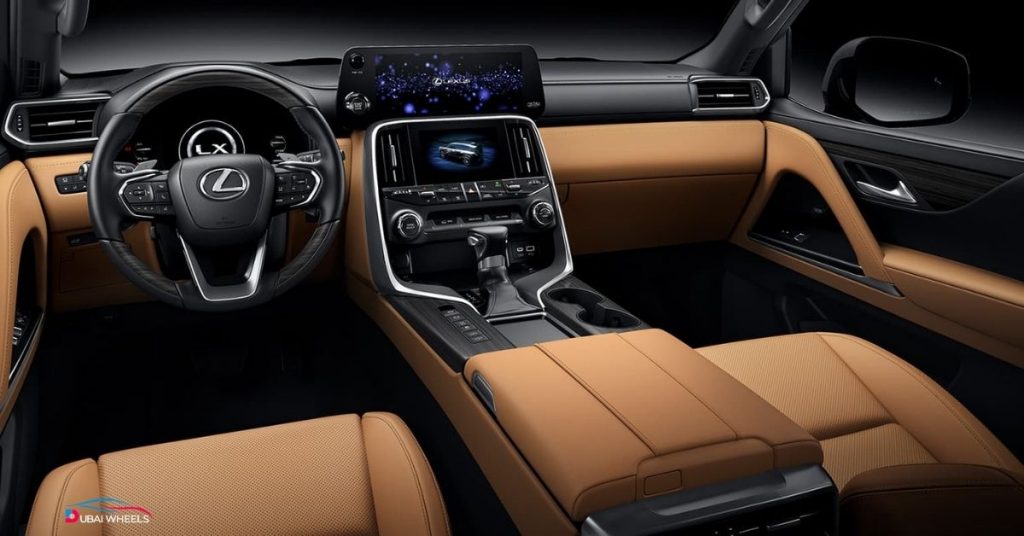 Lexus LX600 UAE interior showcasing luxurious seats, dashboard, and high-end SUV features