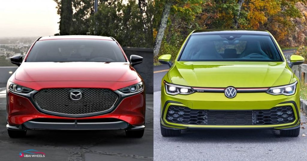 Mazda 3 Hatchback and Volkswagen Golf GTI design comparison in UAE showing premium and sporty styling