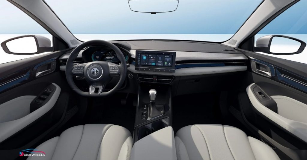 MG 5 interior in UAE showing modern dashboard, infotainment touchscreen, premium seats, and cabin space for comfortable city driving in Dubai and Abu Dhabi.