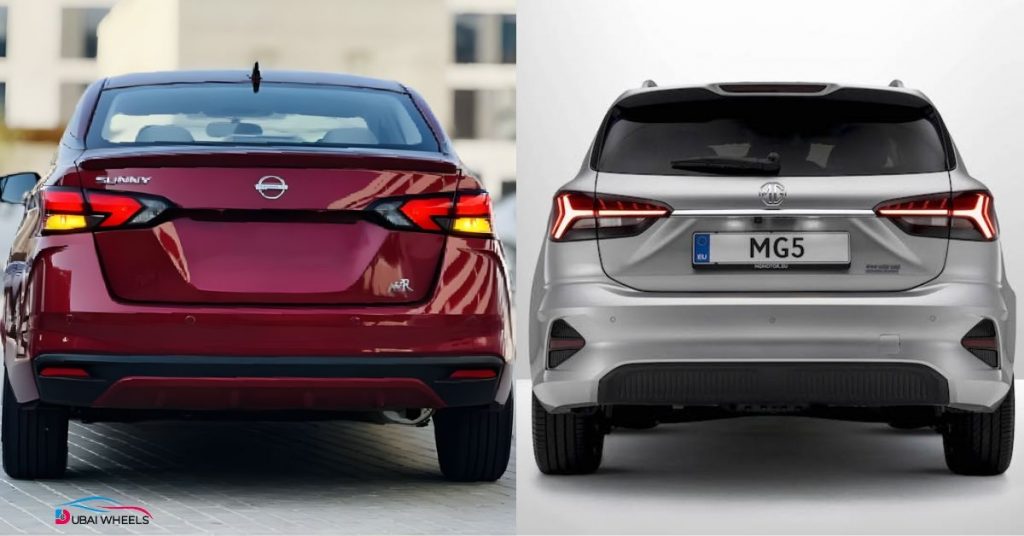 Rear view of MG 5 and Nissan Sunny in UAE, showing boot capacity, rear design, and practical space for families and daily city driving.