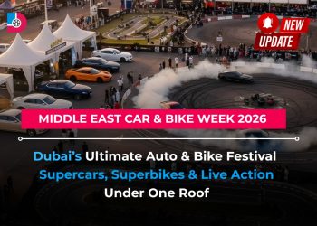 Middle East Car & Bike Week 2026 Dubai featuring supercars, custom bikes, stunt shows, and interactive automotive experiences