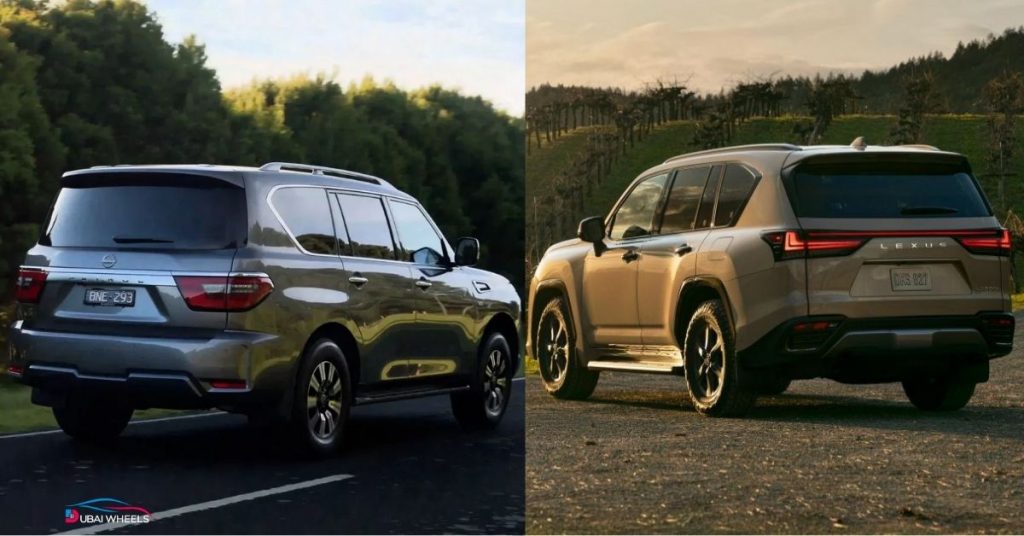 Rear design comparison of Nissan Patrol and Lexus LX600 UAE full-size luxury SUVs
