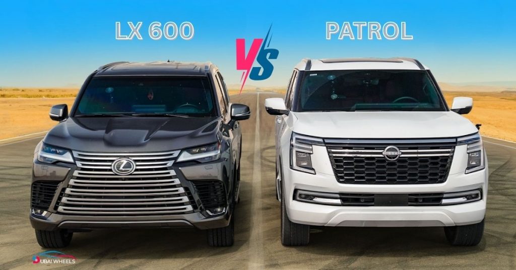 Front design comparison of Nissan Patrol and Lexus LX600 UAE full-size luxury SUVs with headlights and grille