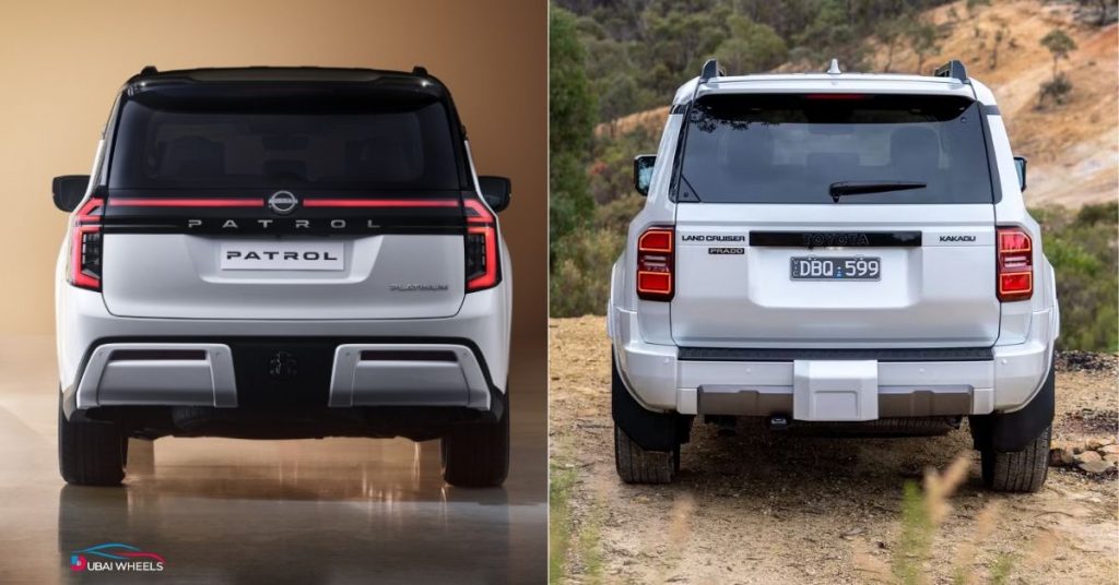 Rear view of Nissan Patrol vs Toyota Land Cruiser Prado UAE – SUV tail design, lights, and overall styling comparison
