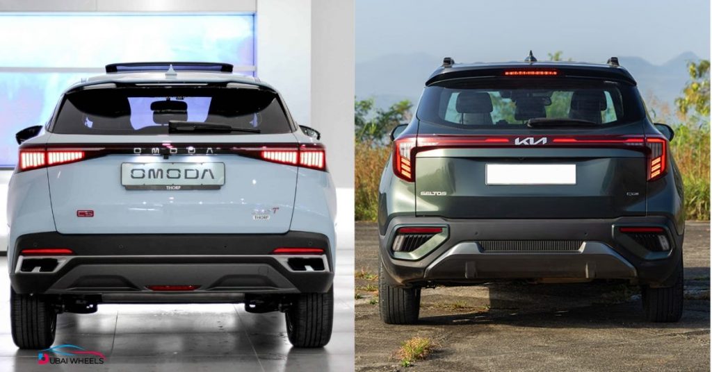 Omoda C5 vs Kia Seltos UAE rear design comparison showing taillights and body styling