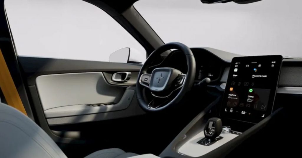 Polestar 2 interior UAE showcasing minimalist Scandinavian design, 12.3-inch digital driver display, 11.5-inch touchscreen, and panoramic glass roof