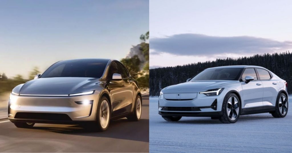 Polestar 2 vs Tesla Model Y UAE range and charging comparison showing 470 km and 533 km distances, fast charging and Supercharger network
