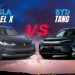 Tesla Model X vs BYD Tang UAE 7-seater luxury electric SUVs parked side by side on a Dubai road
