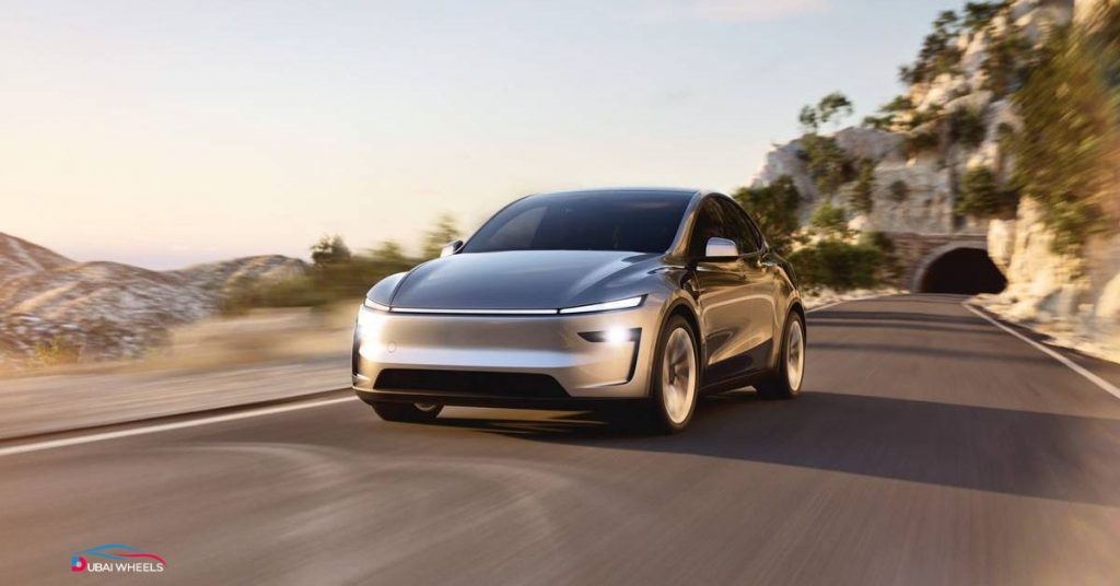 Tesla Model Y in the UAE showcasing high-tech performance, sleek design, and fast acceleration on modern roads