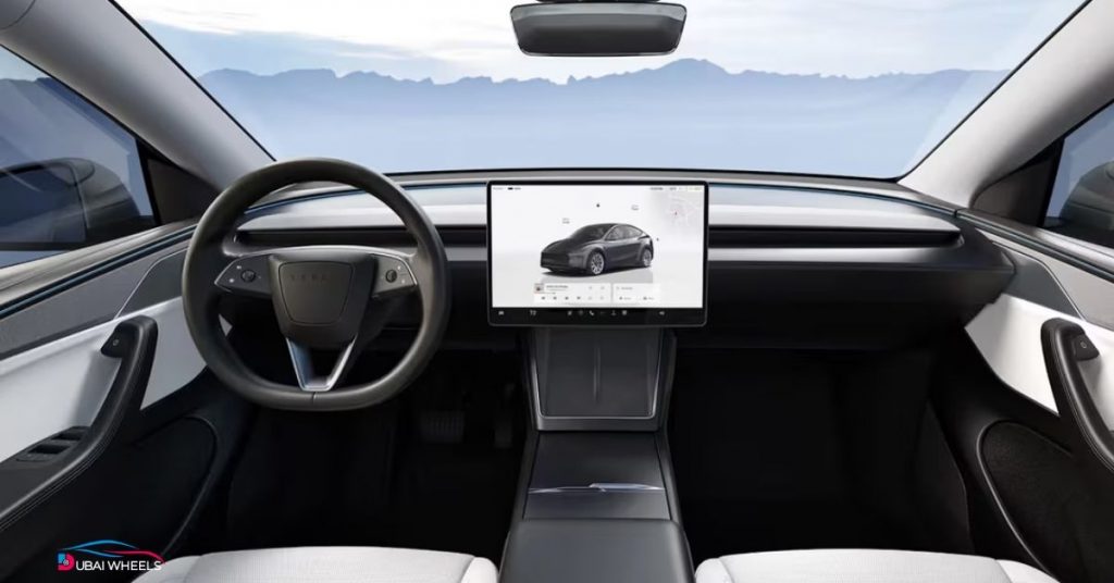 Tesla Model Y UAE interior and comfort features with minimalist cabin and touchscreen