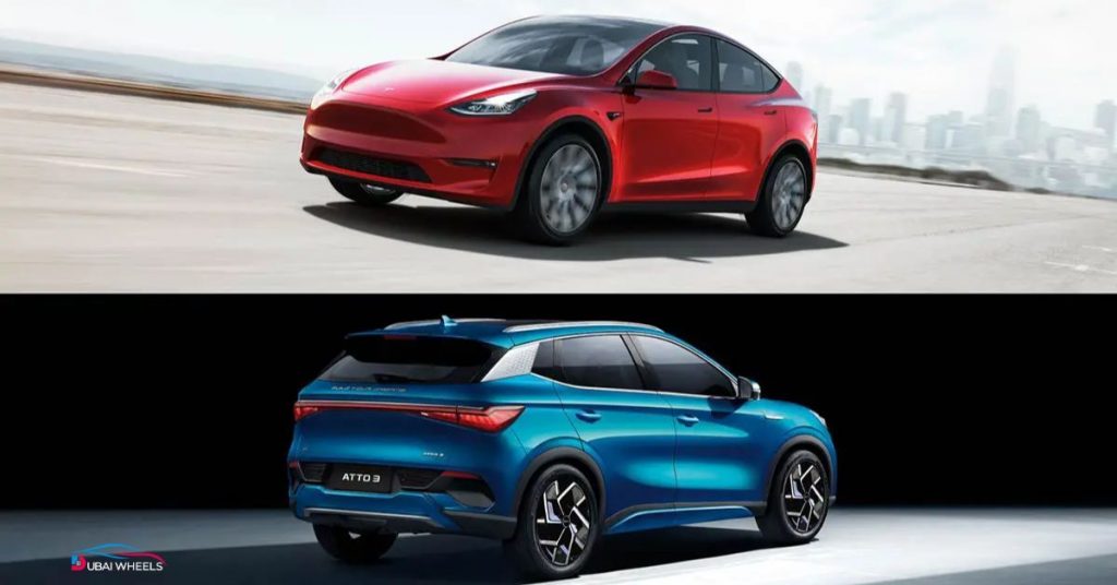 Tesla Model Y vs BYD Atto 3 performance comparison in UAE showing high-speed highway driving for Tesla and smooth urban drive for BYD Atto 3