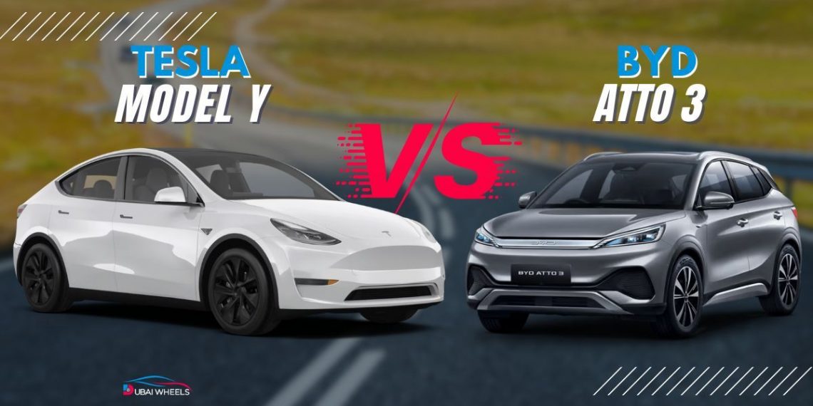 Tesla Model Y vs BYD Atto 3 UAE electric SUVs side by side with Dubai skyline, showing futuristic design and practical city SUV features