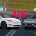 Tesla Model Y vs BYD Atto 3 UAE electric SUVs side by side with Dubai skyline, showing futuristic design and practical city SUV features