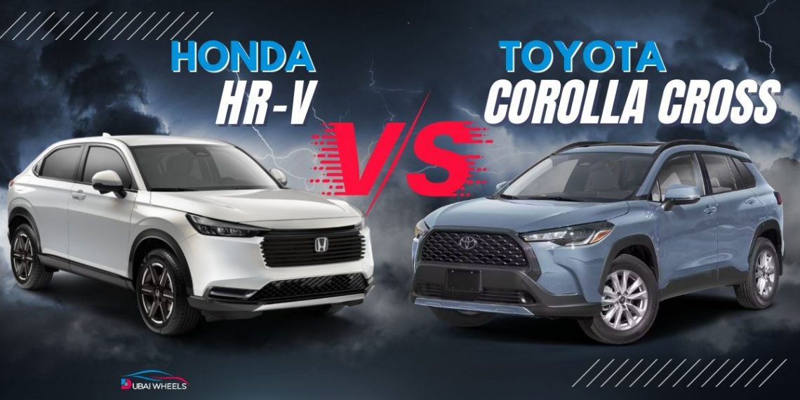 Toyota Corolla Cross vs Honda HR-V UAE comparison showing design, size, and compact SUV styling