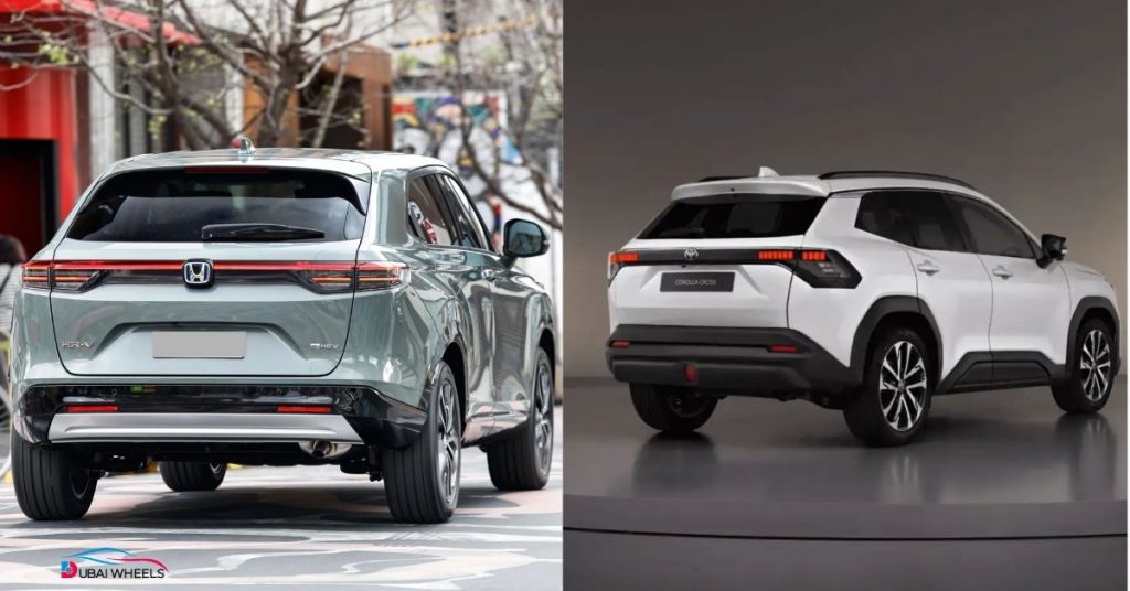 Toyota Corolla Cross vs Honda HR-V rear design UAE showing tail lights, bumper styling, and compact SUV profiles